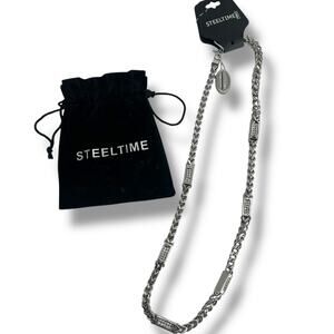 NEW Steeltime Men's Stainless Steel Wheat Chain Simulated Diamonds Link Necklace